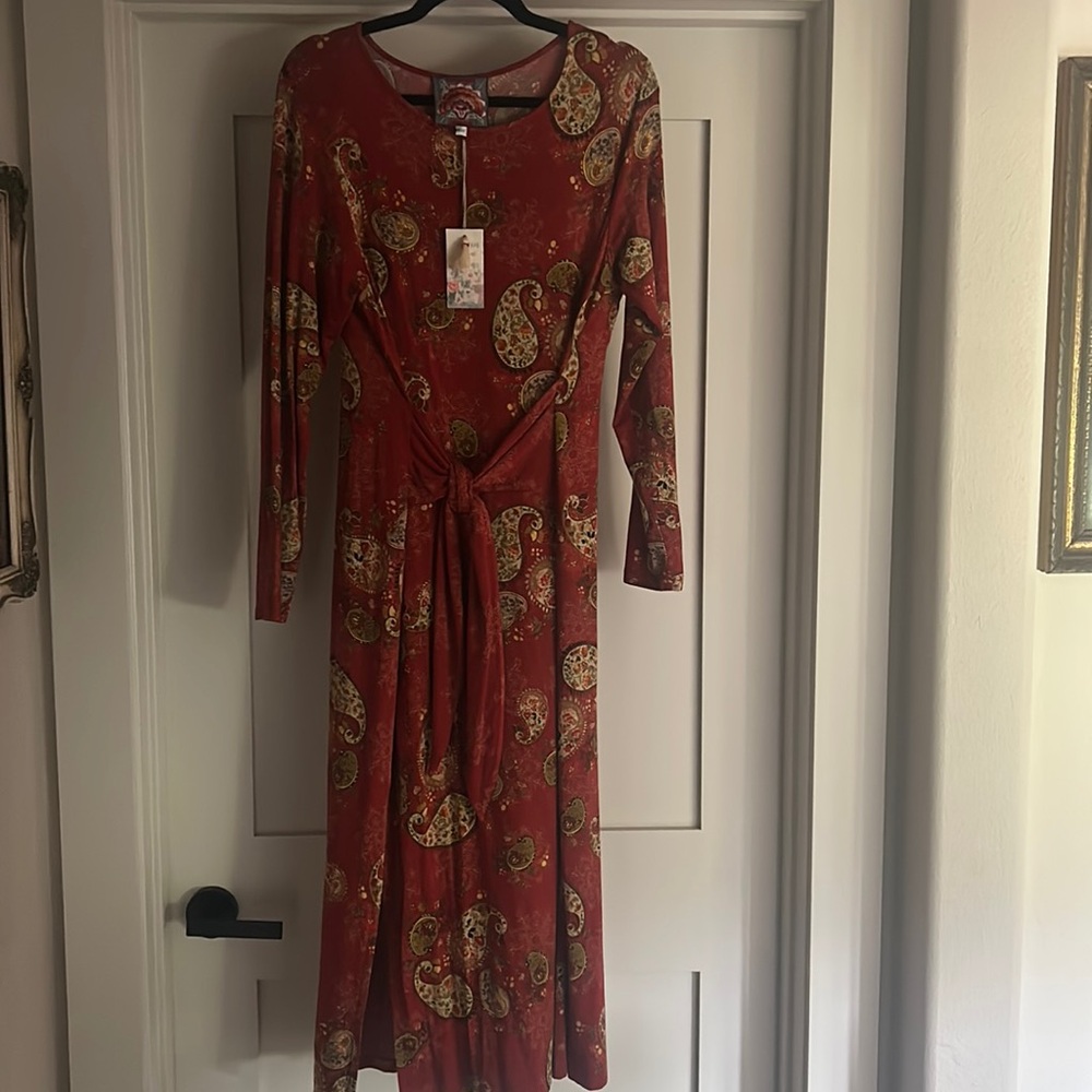 Johnny Was Paisley Lace Janie Favorite Long Sleeve Tie Front Knit Dress Sz L NEW